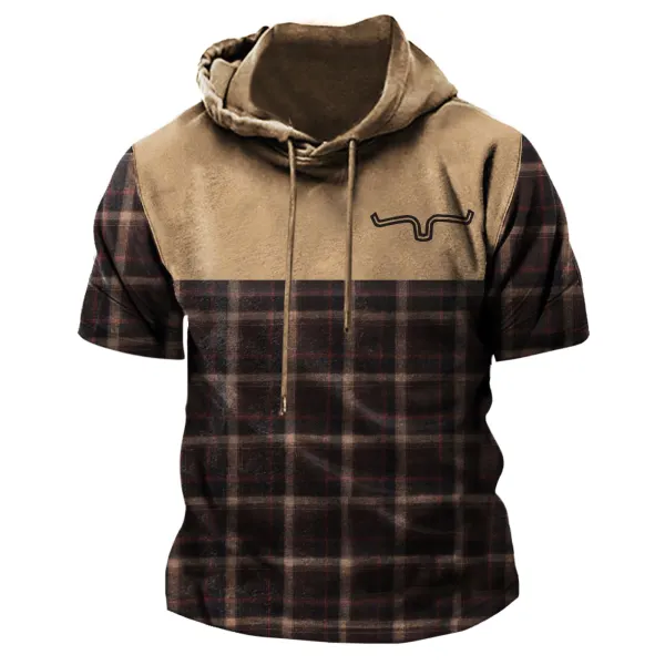 Men's Vintage Plaid Western Color Block Hooded Short Sleeve T-Shirt - Nicheten.com 