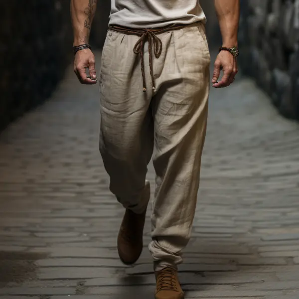 Men's Holiday Breathable Linen Lace-up Pants - Albionstyle.com 