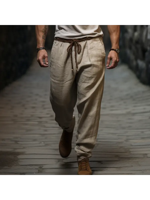 Men's Holiday Breathable Linen Lace-up Pants - Ootdmw.com 