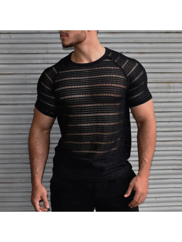Men's See-through Striped Mesh T-shirt - Timetomy.com 