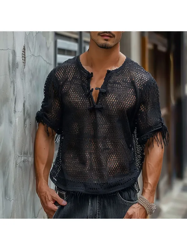 Men's V-neck Disc-button See-through Mesh Fringed Shirt - Ootdmw.com 