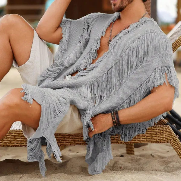 Linen Beach Holiday Cutout Fringed T-shirt Top - Ootdyouth.com 