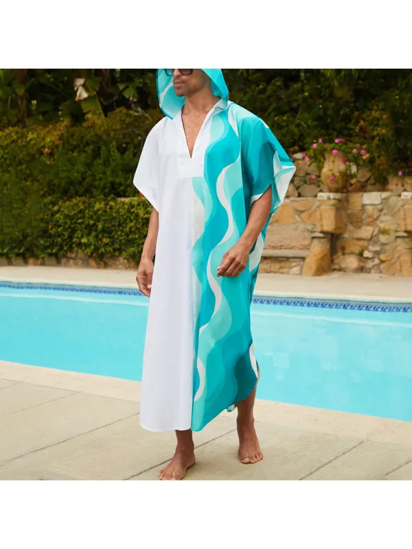 Kaftan Men's Beach Vacation Wave Printed Hooded Robe - Ootdmw.com 