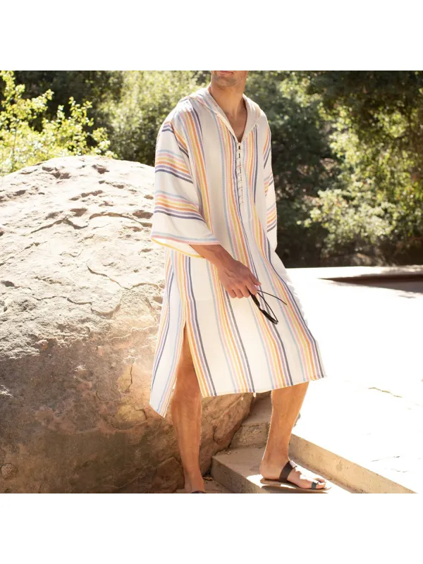 Kaftan Striped Beach Resort Print Hooded Robe - Ootdmw.com 