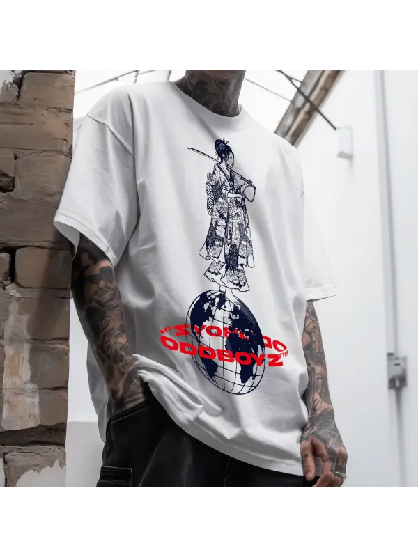 Sword-bearing Geisha On Globe Men's Fashion Print T-Shirt - Timetomy.com 