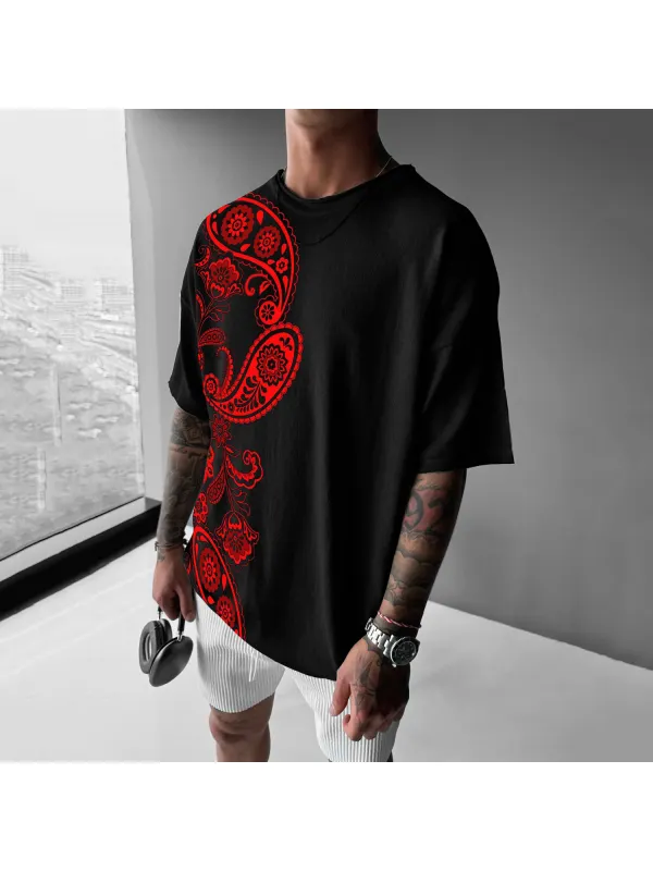 Men's National Wind Cashew Flower Printed T-shirt - Anrider.com 