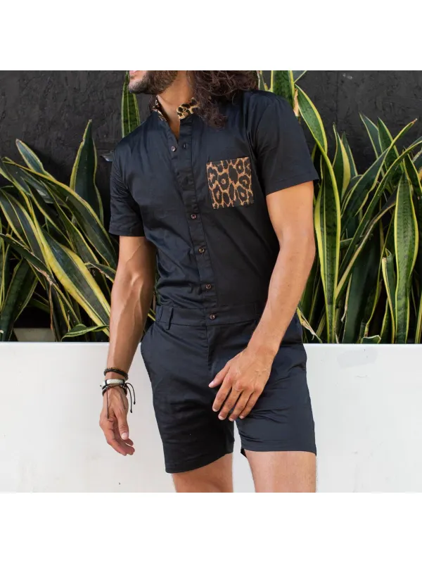 Men's Personalized Jumpsuit Rompers With Leopard Print Chest Pocket - Timetomy.com 