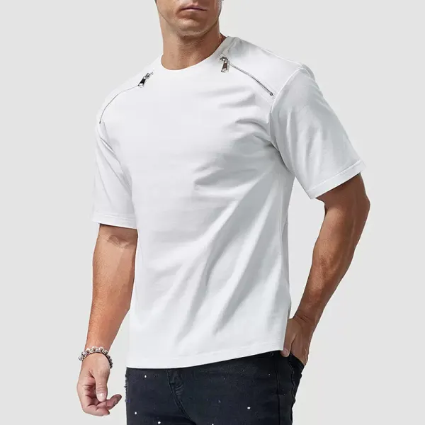 Men's Casual Motorcycle Zipper Loose Short-sleeved T-shirt Men's Pure Cotton Top - Yiyistories.com 