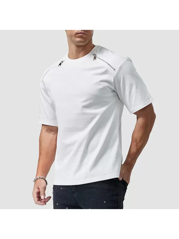 Men's Casual Motorcycle Zipper Loose Short-sleeved T-shirt Men's Pure Cotton Top - Timetomy.com 