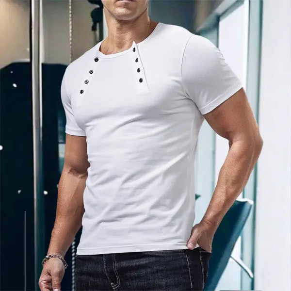 Men's Casual Double Breasted Henley Collar Short Sleeve T-Shirt - Localziv.com 