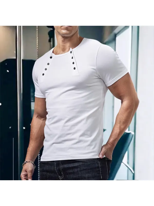 Men's Casual Double Breasted Henley Collar Short Sleeve T-Shirt - Ootdmw.com 