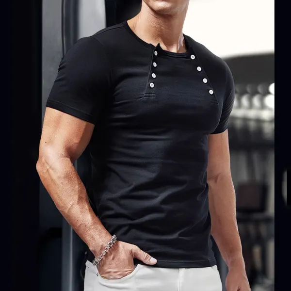 Men's Casual Double Breasted Henley Collar Short Sleeve T-Shirt - Yiyistories.com 