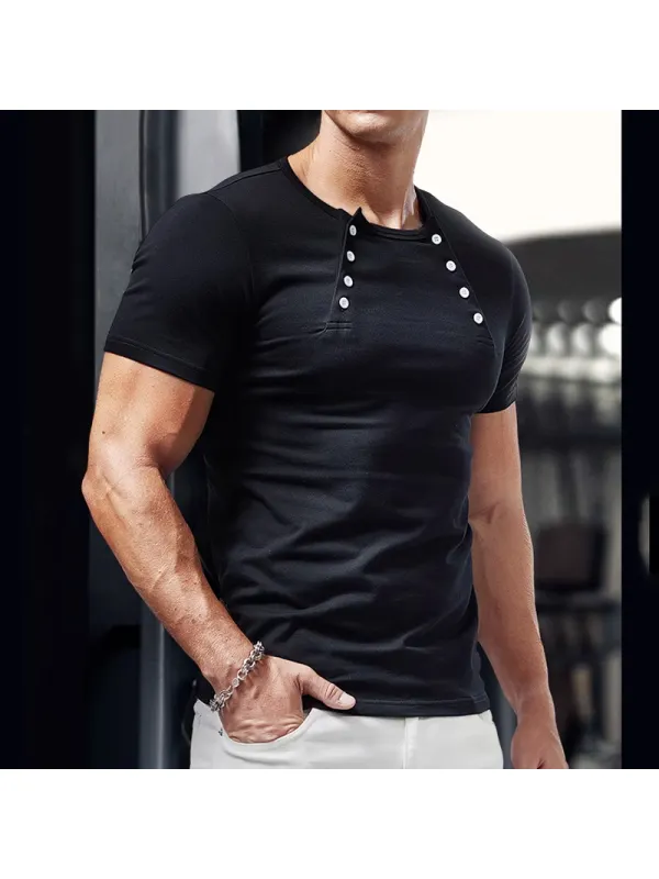 Men's Casual Double Breasted Henley Collar Short Sleeve T-Shirt - Ootdmw.com 