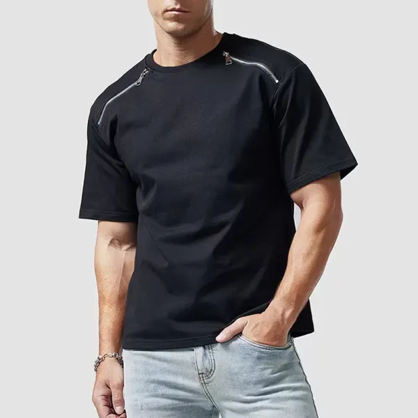 Men's Casual Motorcycle Zipper Loose Short-sleeved T-shirt Men's Pure Cotton Top - Spiretime.com 