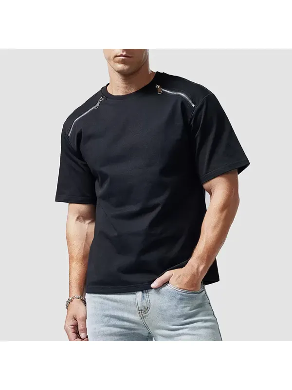 Men's Casual Motorcycle Zipper Loose Short-sleeved T-shirt Men's Pure Cotton Top - Ootdmw.com 