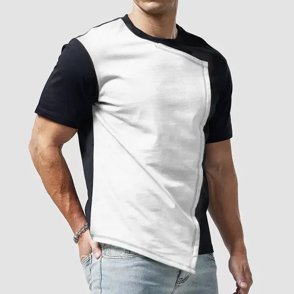 Men's Casual Personality Irregular Short-sleeved T-shirt Men's Pure Cotton Stitching Contrasting Color Asymmetric Top - Ootdyouth.com 