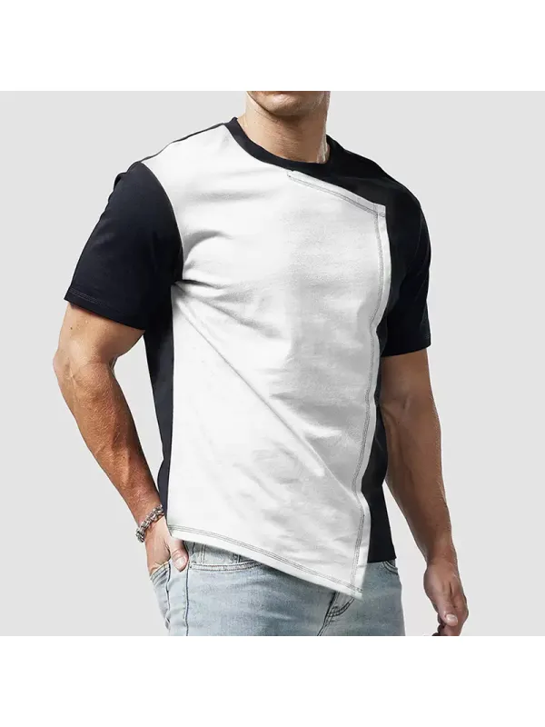 Men's Casual Personality Irregular Short-sleeved T-shirt Men's Pure Cotton Stitching Contrasting Color Asymmetric Top - Ootdmw.com 