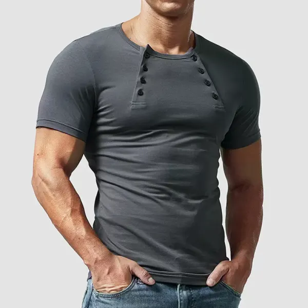 Men's Casual Double Breasted Henley Collar Short Sleeve T-Shirt - Ootdyouth.com 