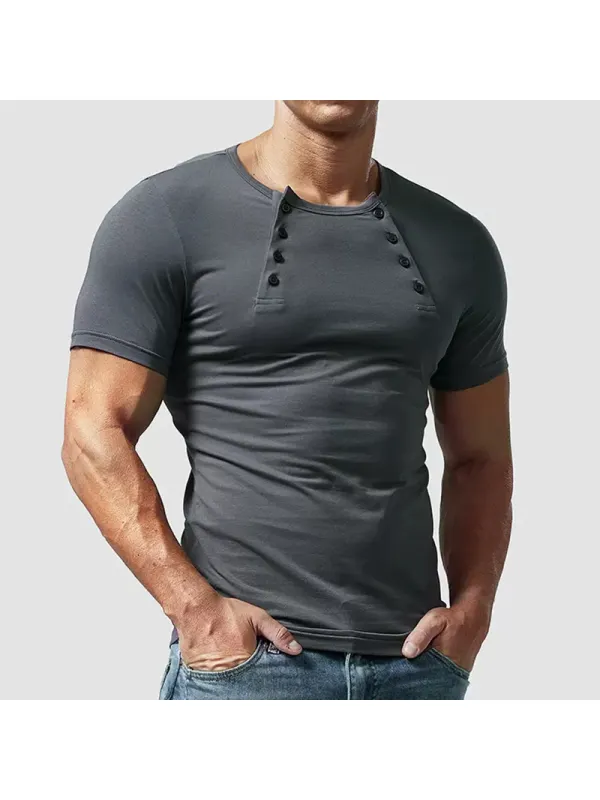 Men's Casual Double Breasted Henley Collar Short Sleeve T-Shirt - Anrider.com 