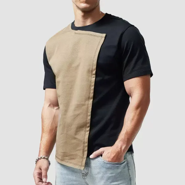 Men's Casual Personality Irregular Short-sleeved T-shirt Men's Pure Cotton Stitching Contrasting Color Asymmetric Top - Ootdyouth.com 