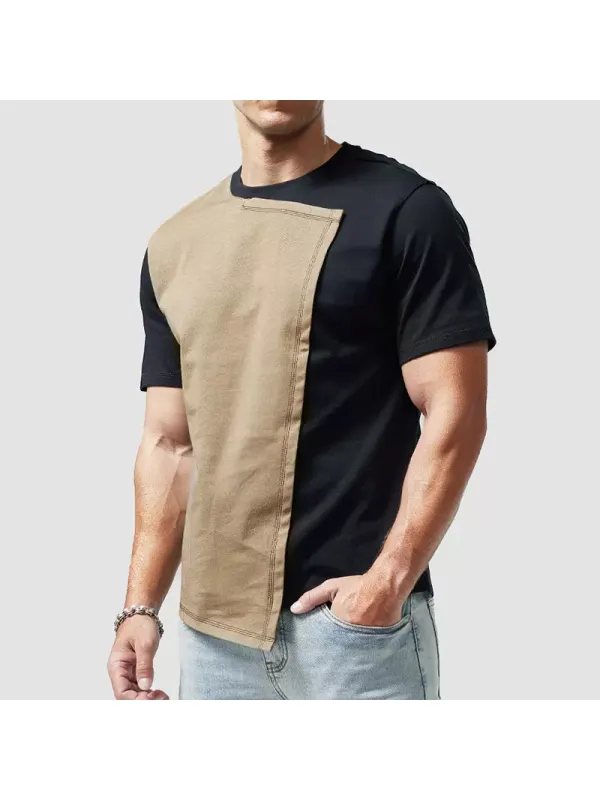 Men's Casual Personality Irregular Short-sleeved T-shirt Men's Pure Cotton Stitching Contrasting Color Asymmetric Top - Timetomy.com 