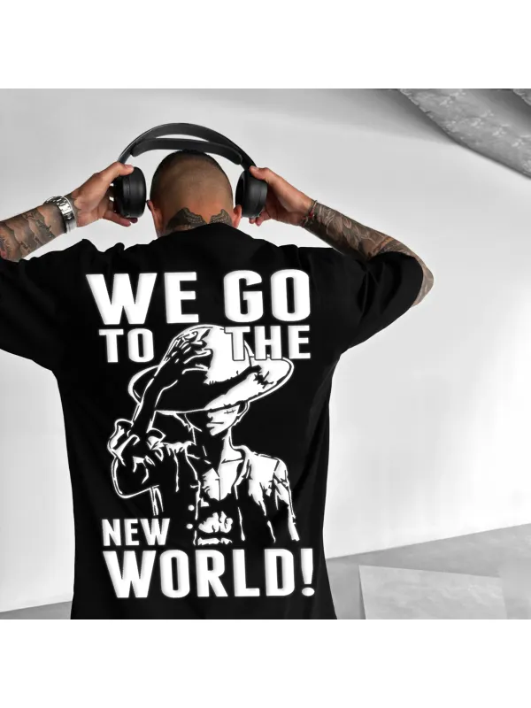 Unisex Casual Oversized Anime Print T-Shirt We Go To The New World T-Shirt - Anrider.com 