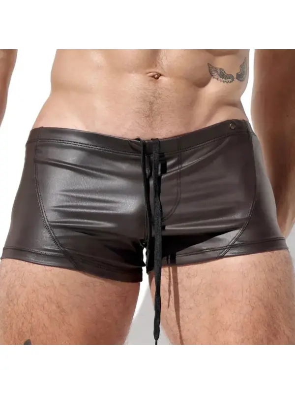 Men's Solid Color Slim Fit Sexy Faux Leather Shorts - Anrider.com 