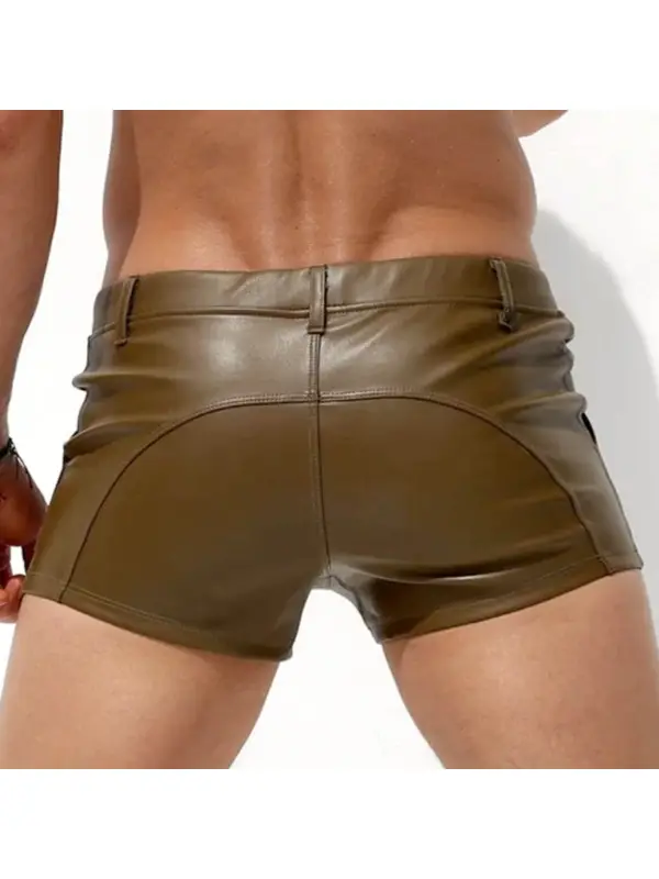 Men's Solid Color Slim Fit Casual Faux Leather Shorts - Anrider.com 