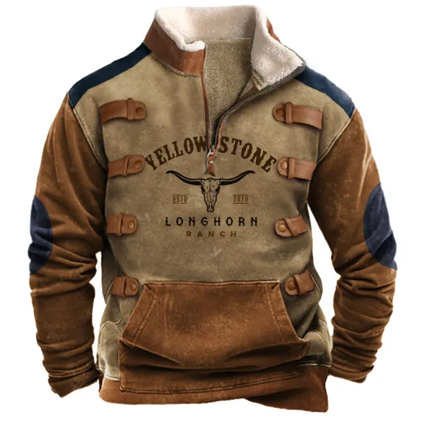 Men's Vintage Western Yellowstone Zipper Stand Collar Sweatshirt - Spiretime.com 