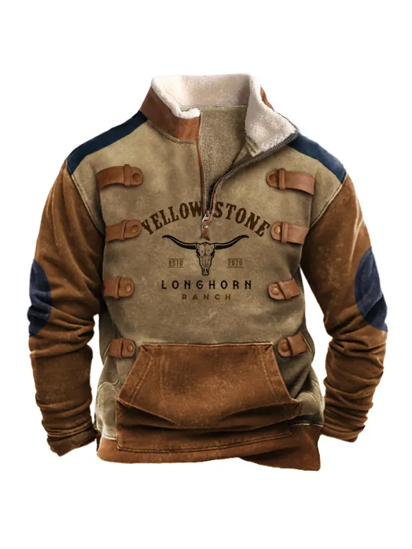 Men's Vintage Western Yellowstone Zipper Stand Collar Sweatshirt - Ootdmw.com 