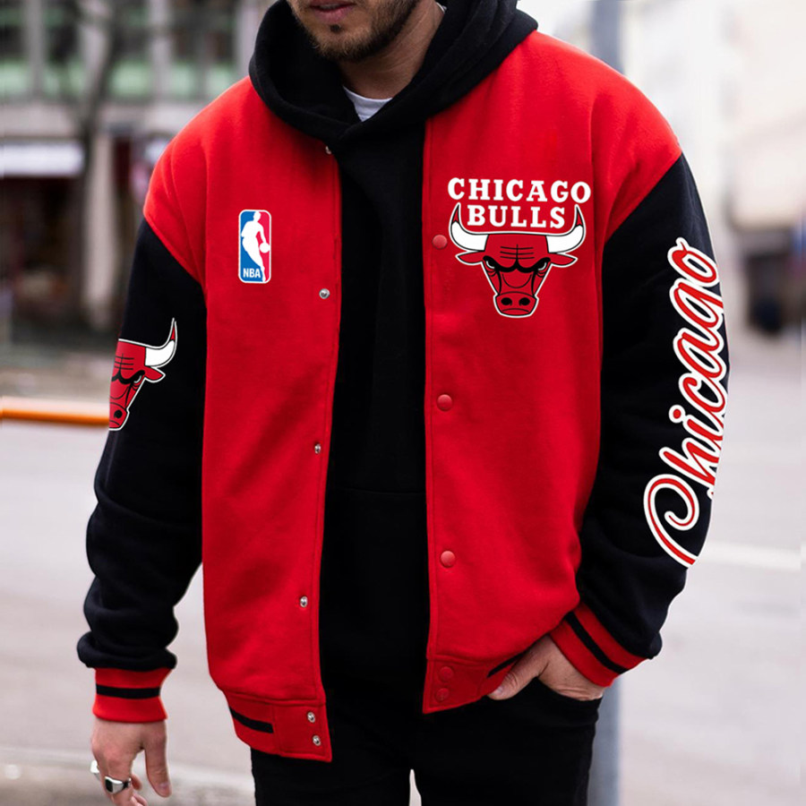 

Men's Casual Chicago Red Chicago Basketball Print Baseball Jacket