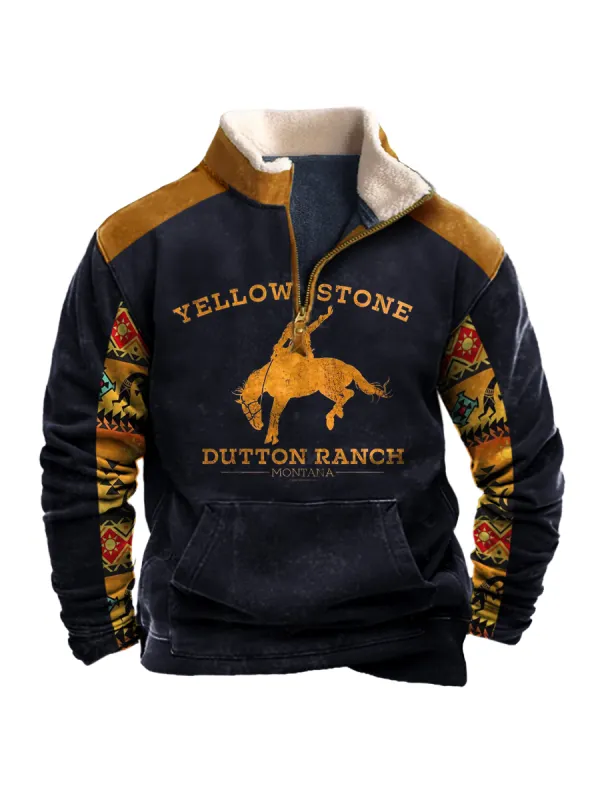 Men's Vintage Western Yellowstone Colorblock Zipper Stand Collar Sweatshirt - Anrider.com 