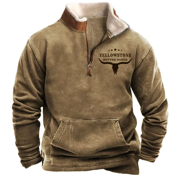 Men's Vintage Western Yellowstone Zipper Stand Collar Sweatshirt - Dozenlive.com 