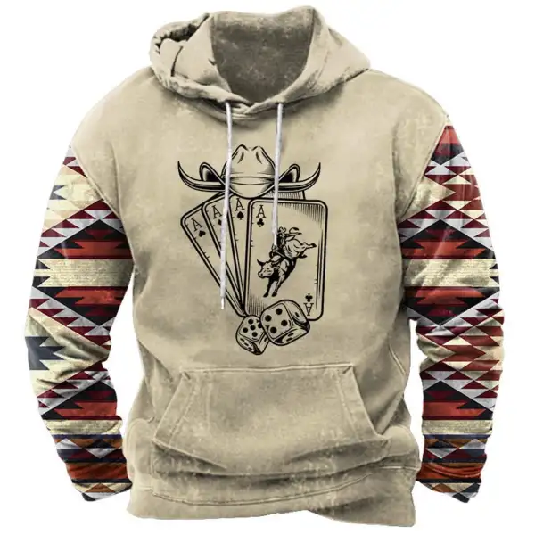 Men's Hoodie Vintage Aztec Western Playing Cards Hat Horns Pocket Long Sleeve Plus Size Daily Tops - Ootdyouth.com 