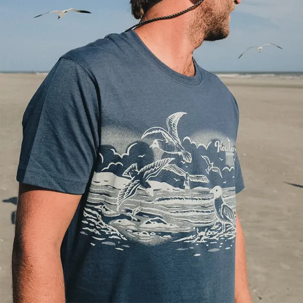 Vintage Seagull Pattern T-Shirt Round Neck Short Sleeve Top - Yiyistories.com 