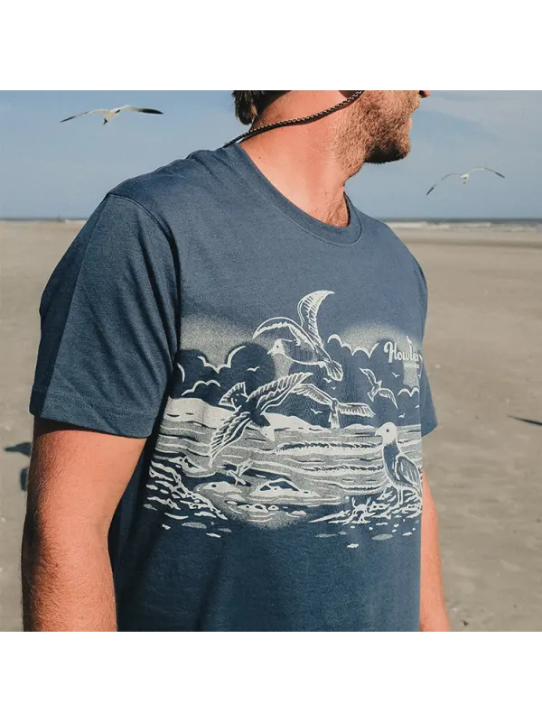 Vintage Seagull Pattern T-Shirt Round Neck Short Sleeve Top - Anrider.com 