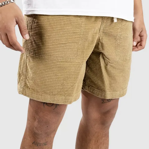 Vintage Corduroy Waffle 5 Inch Men's Shorts Surf Beach Shorts Everyday Casual Khaki - Ootdyouth.com 