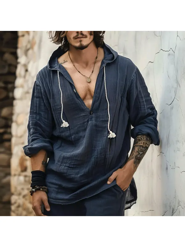 Men's Linen Casual Hooded Shirt - Ootdmw.com 