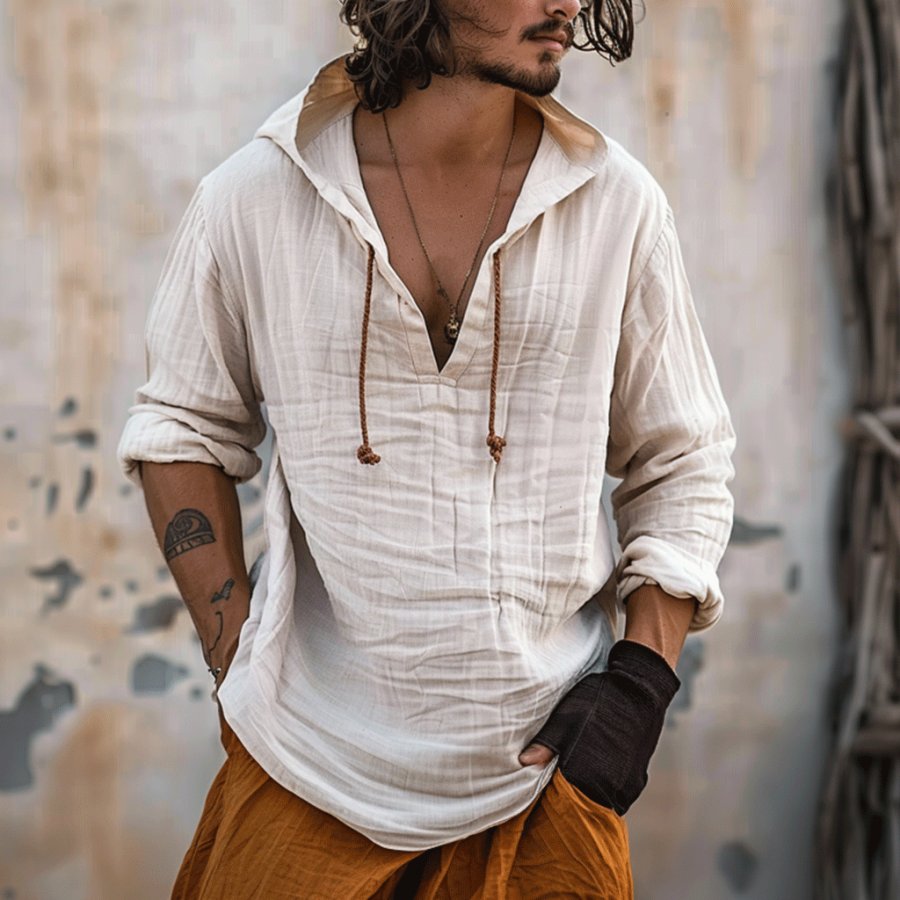 

Men's Linen Long-sleeved Hooded Shirt