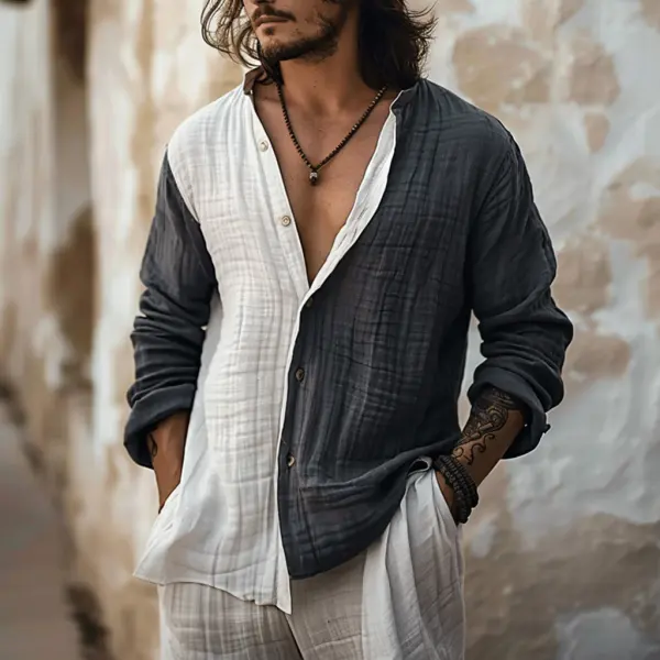 Men's Linen Contrast Button-down Shirt - Yiyistories.com 