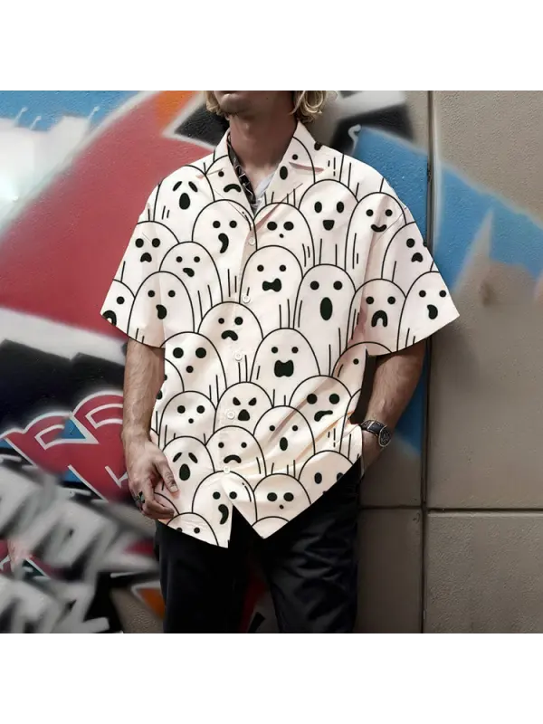 Men's Shirt Halloween Ghost Print Lapel Short Sleeve Shirt Cuban Collar Top - Anrider.com 