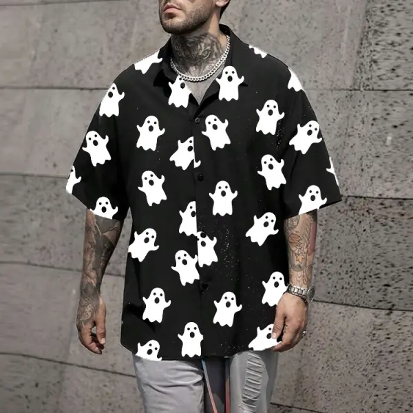 Men's Shirt Halloween Ghost Print Lapel Short Sleeve Shirt Black Shirt - Ootdyouth.com 