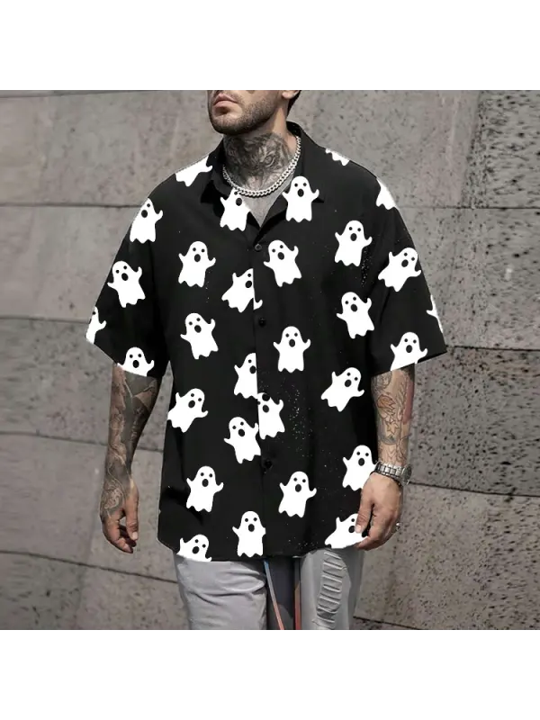 Men's Shirt Halloween Ghost Print Lapel Short Sleeve Shirt Black Shirt - Anrider.com 