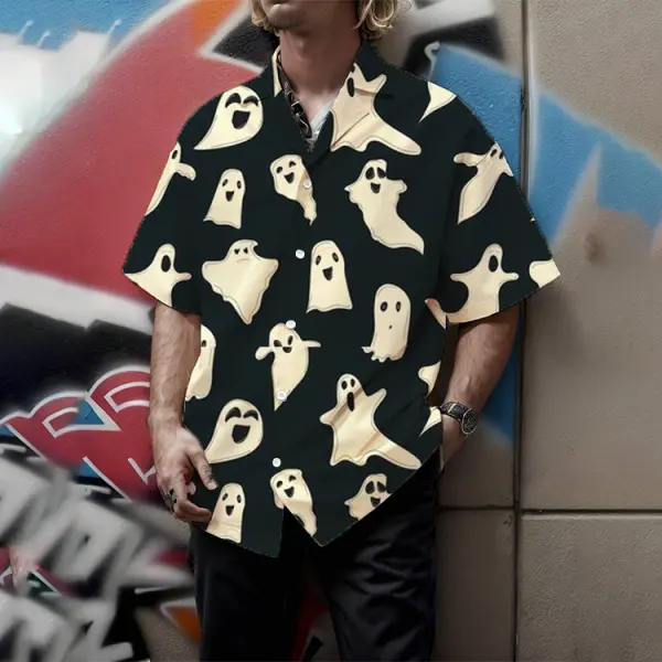 Men's Shirt Halloween Ghost Print Lapel Short Sleeve Shirt Black - Spiretime.com 