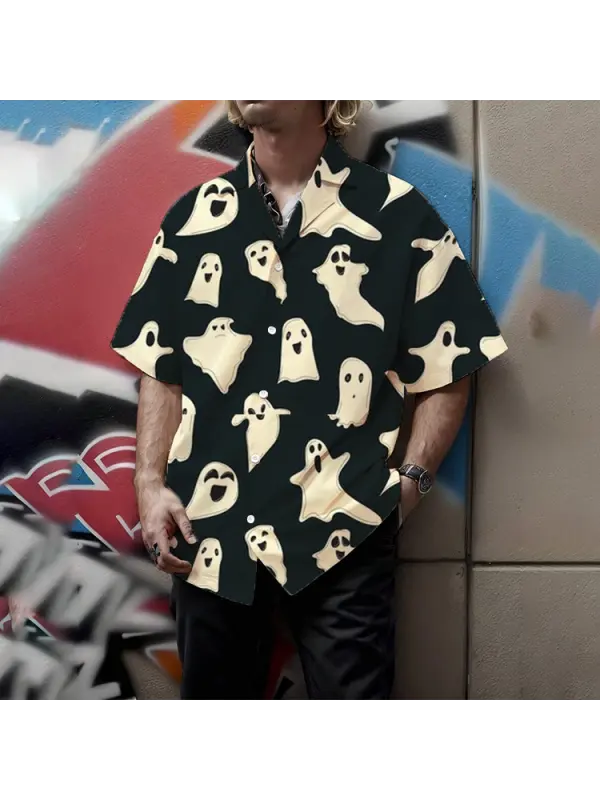 Men's Shirt Halloween Ghost Print Lapel Short Sleeve Shirt Black - Anrider.com 