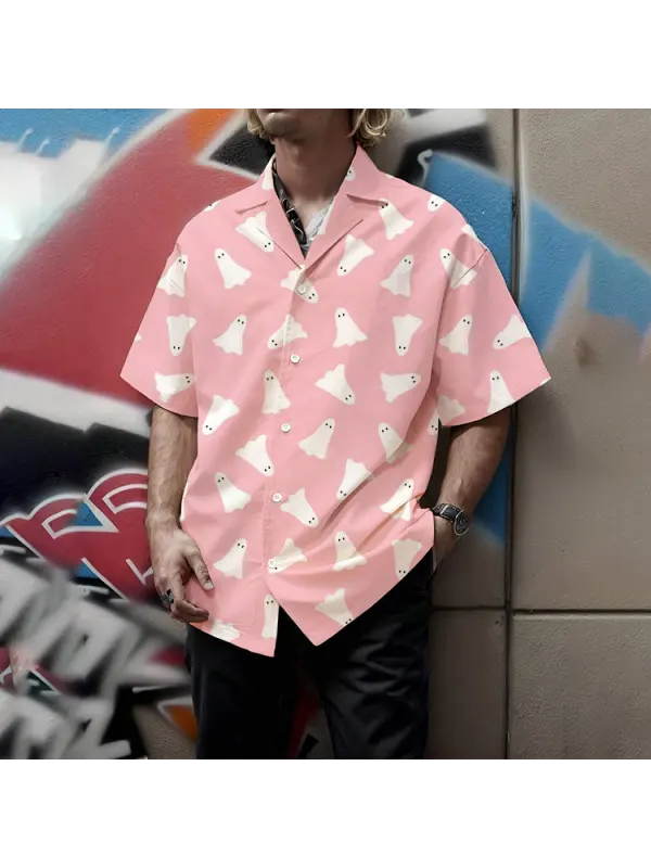 Men's Shirt Halloween Ghost Print Lapel Short Sleeve Shirt Cuban Collar Shirt - Anrider.com 