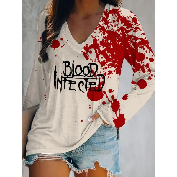 Women's Halloween Blood Print Casual Long Sleeve T-Shirt - Ootdyouth.com 