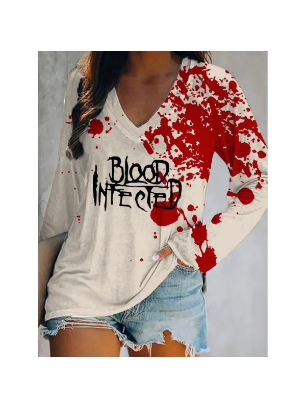 Women's Halloween Blood Print Casual Long Sleeve T-Shirt - Anrider.com 