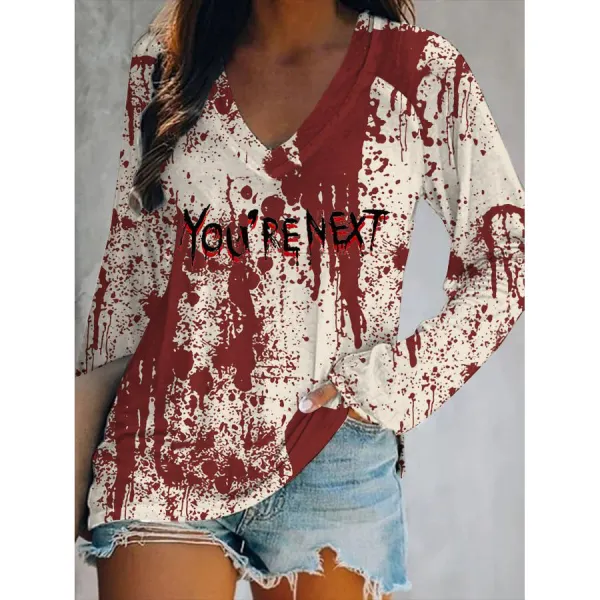 Women's Halloween Blood Print Casual Long Sleeve T-Shirt - Ootdyouth.com 