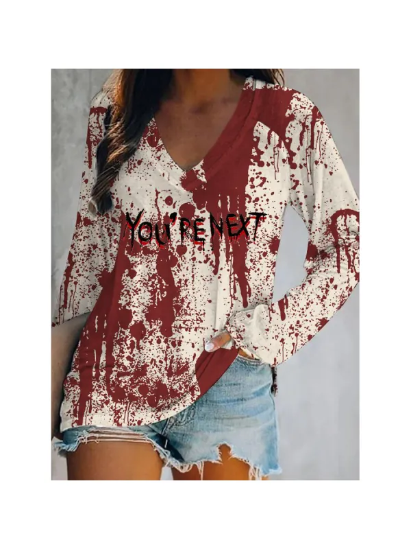 Women's Halloween Blood Print Casual Long Sleeve T-Shirt - Ootdmw.com 